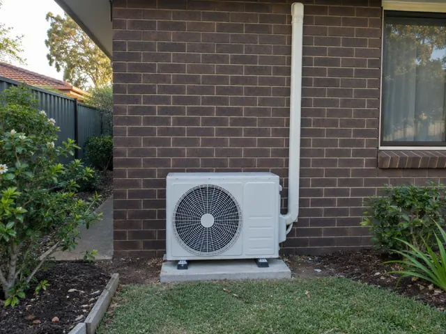 Outdoor air conditioner condenser on a pad against a brick house wall with vertical pipe cover in Flagstaff Hill